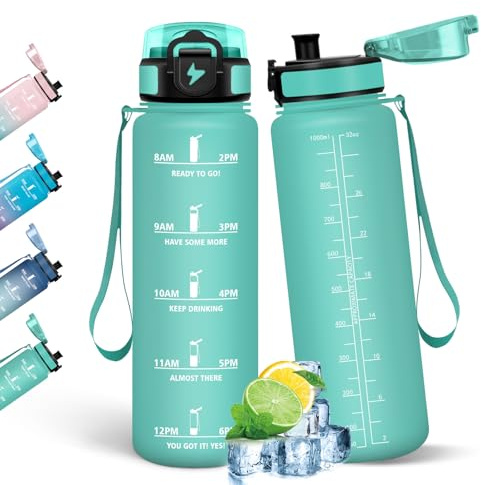 HoneyHolly Botella Agua, 1L, Marcador de Tiempo, Cantimplora, Libre de BPA, Portátil, Botella Agua Gimnasio, A Prueba de Fugas, Cantimplora para Gimnasio, Ciclismo, Oficina y Exteriores