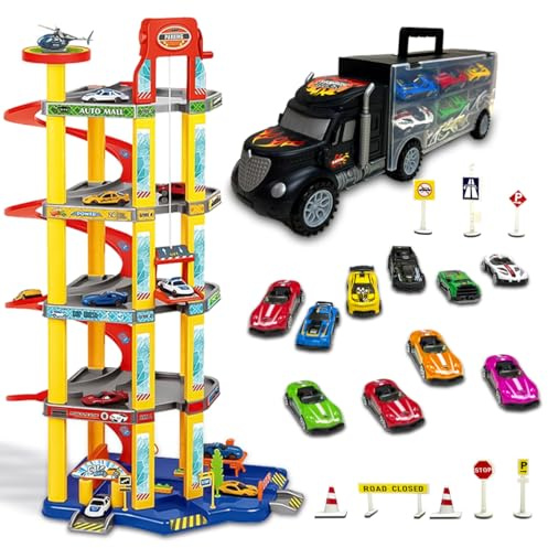 Koolbitz Car Parking Garage Playset with Transport Truck, Die-Cast Cars, Road Signs, Helicopter, Multi-Level Parking Tower with Rotating Lift, Car Wash, Repair Station and Exit Gate for Kids 3+