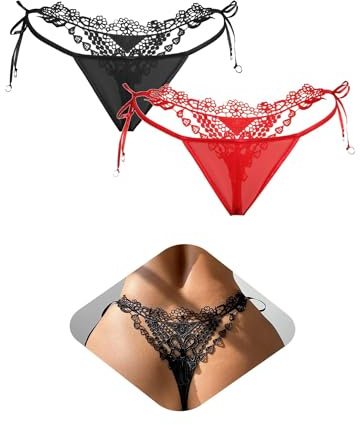 ohmydear Förförisk String Mini String Stringtrosa Sexydonna Hot Micro String Justerbar Bälte Trosor Låg Midja G-String Broderi, 2-pack-svart + röd, S