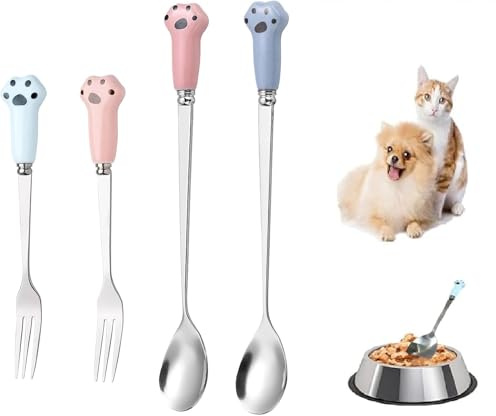 4 Pcs Paw Cat Can Spoon, Dog Food Fork, Stainless Steel Pet Food Fork Spoon Set, Cat Dog for Pet Feeding Wet, Durable Pets Feeding Utensils for Storage Containers (Blue, Pink)