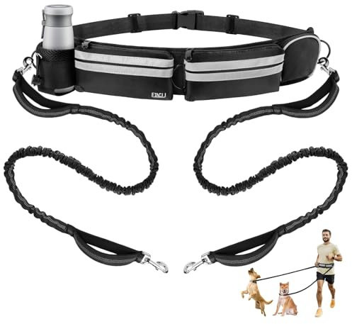 ETACCU Double Dog Lead—— Hands Free Dog Lead, Adjustable dog running lead With Pouch, Bungees Dual Dog Leads, Reflective Stitches for Running Walking & Jogging (Black)