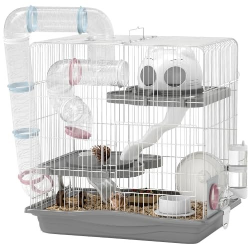 PawHut 3-Tier Hamster Cage Ramp for Dwarf Hamsters 45 x 30 x 45 cm Grey | Gerbil Cage, Exercise Wheel, Tunnel, Water Bottle, Food Dish, Hut