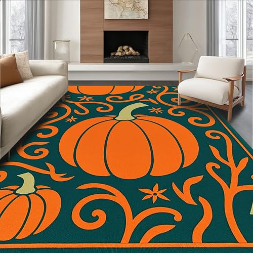 ODIKA Flatwoven High Traffic Area Rug 5x7, Festive Gourd with Twisting Vine Embroidery, Non Slip, Stain Resistant, Washable Area Rugs for Living Room, Bedroom (Orange, 5x7)