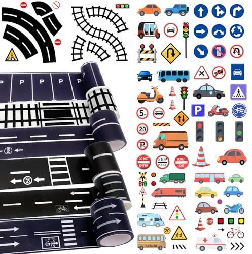 YYMT 14 Stück Straße Washi Tape Set, Autobahn Eisenbahn Straßen Klebeband | 6 Rollen Straße Klebeband & 8 Verkehrszeichen Aufkleber, Selbstklebend Straßenband für Kunst DIY Handwerk Spielzeugautoszenen