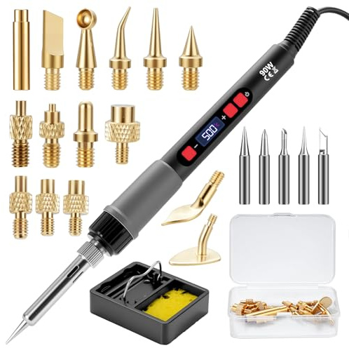 RUIZHI Brandmalerei Lötkolben Set, 90W LED Temperatur Einstellbar Lötkolben 180~500℃, 5 Lötspitzen, 15 Brandmalerei, für Holz, Leder Gravieren, Skulptur Holzbrandmalerei