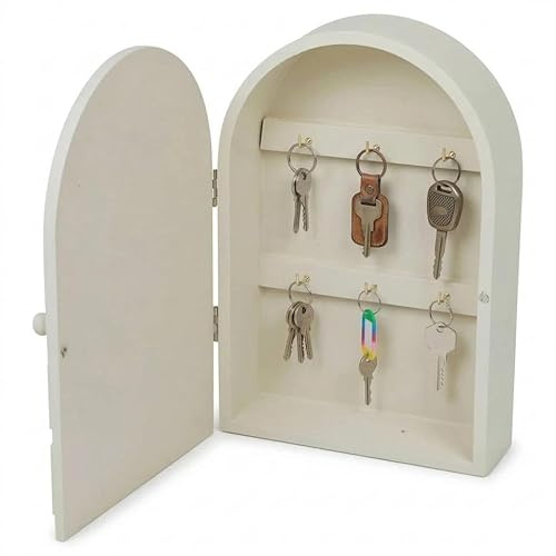 URBNLIVING 6 Hook Wall-Mounted Key Cabinet – Wooden Key Holder Box for Entryway, Hallway, Home Organisation, Compact and Stylish Storage Solution (CREAM)