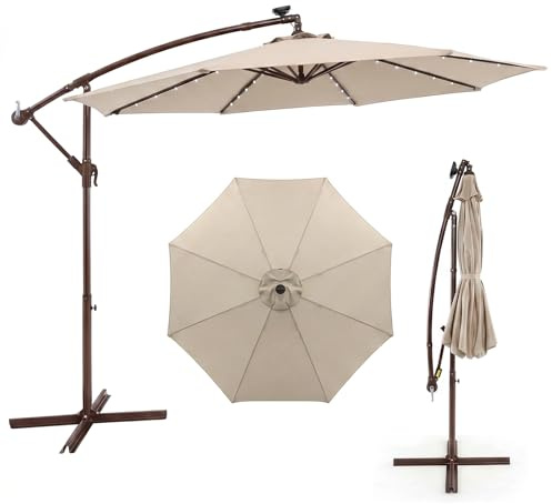 RELAX4LIFE Ombrellone da Giardino 3x3m con 40 Luci LED, Ombrellone da Balcone, Inclinazione Regolabile, Pannello Solare, per Patio, Cortile, Ristorante o Bar (Beige)