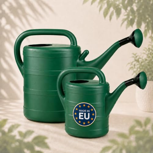Gießkanne 1x 5L und 1x 10L Dunkelgrün – Kunststoff Giesskanne mit abnehmbaren Brausekopf, Garten-Gießkanne zur Bewässerung von Balkon oder Haus Pflanzen, Made in EU & HLKauf-Block