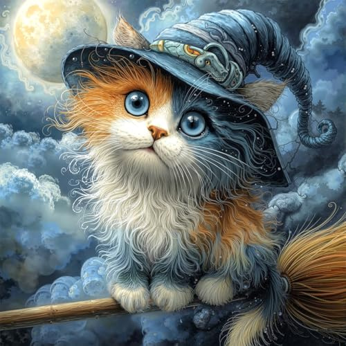 1000 Piece Jigsaw Puzzle, Magical Witch Cat on Broomstick