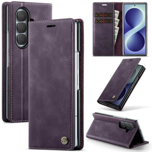 Cracedily Wallet Case for Samsung Galaxy Z Fold 8 Ultra Leather Wallet Flip Cover with Card Holder, Kickstand, Magnetic Closure, RFID Blocking TPU Shockproof Phone Case Compatible with, Purple