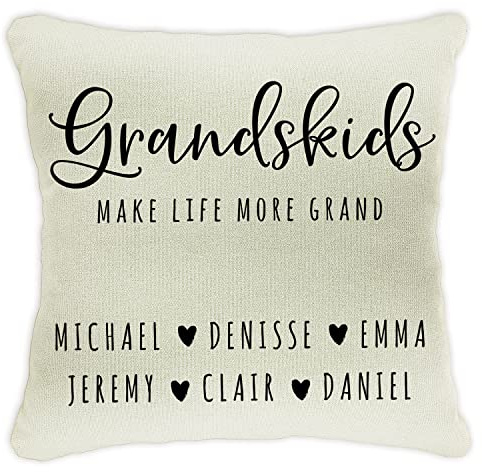 Zexpa Apparel Personalized 'Grandkids Make Life More Grand' Throw Pillow Case – Custom for Grandma – 18x18 Inch Cotton Canvas Cushion Cover with Grandchildren's Names