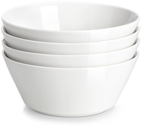 MALACASA Serie REGULAR, Set di 4 Grande Ciotola Scodella Ceramica da 1050 ml, Insalatiera Ceramica per ramen, cereali, insalata, frutta, lavabili in lavastoviglie e adatte al microonde, Bianco