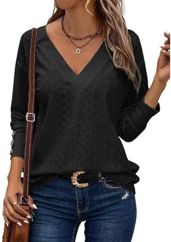 SHEKINI Camicetta da Donna Ricamata Top Eleganti Casual Manica Lunga con Scollo a V Leggero Top in Pizzo Top