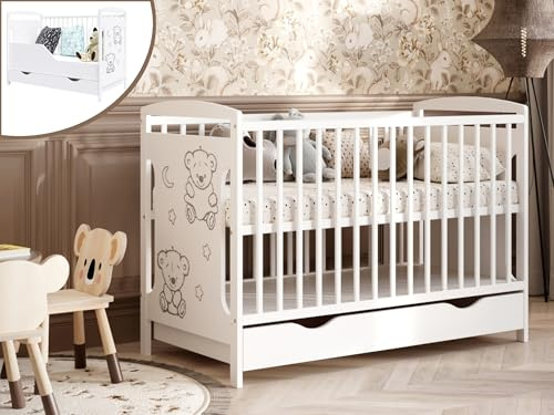 Genérico Cuna Convertible Ted 60x120 cm con cajón, Barrera de Seguridad y colchón 11 cm