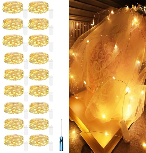 Hopelit 18 stycken, 2 meter, 20 lysdioder, ljusslinga utomhus, silvertråd med CR2032-batteri, LED-ljusslinga batteri för julgran, halloween, bröllop, balkong presentdekoration – varmvit