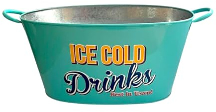 Retro Large Ice Cold Drinks Metal Bucket, Oval Party Beverage Tub with Handles, Available in Yellow, Red, Green, Natural Colors (Sky-Blue)