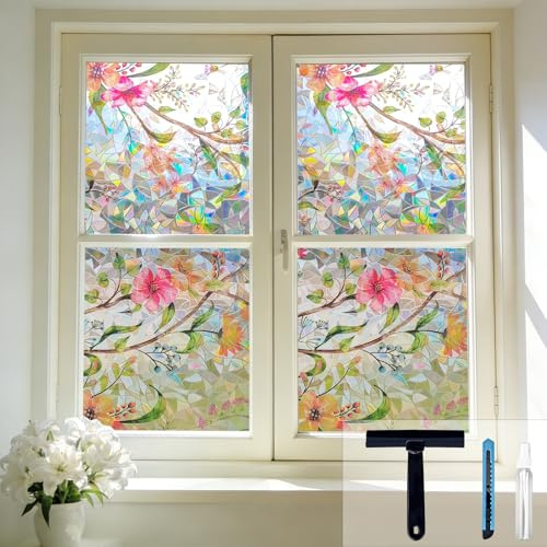 Hilarious Stained Glass Window Film Rainbow Floral Static Cling Window Film Flower Window Privacy Film No Glue Decorative Window Cling UV Blocking Heat Control Glass Windows Stickers, 35.4''x118''