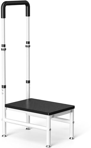 Step Stool with Handle for Adults and Seniors, Heavy Duty One Step Wooden Platform Stool with Adjustable Handrail, Wide Non Slip Footstool for Bedside, Bathroom and Home