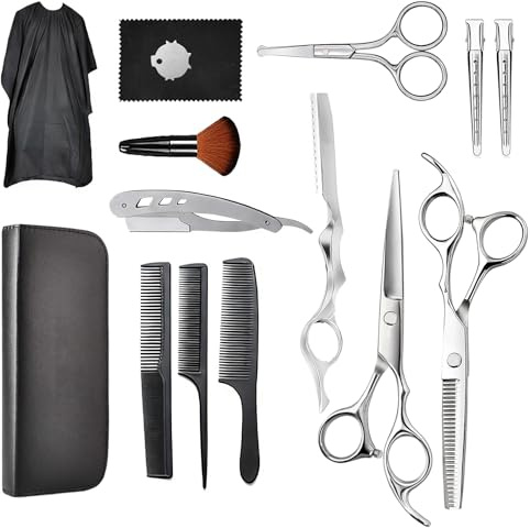 FuYelng 15 Pièces Ciseaux Coiffure Set Argent, Ciseaux Coiffure Professionnel 6,7 Kit Desepaississant Cheveux Unisexe Sculpteur Ciseau Coiffeur, pour Accueil Animaux de Compagnie Coiffeur