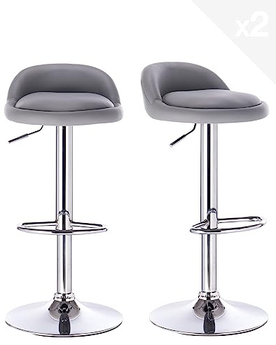 KAYELLES - Juego de 2 taburetes de bar, asiento de piel sintética, acolchado, pequeño respaldo, soporte para pies, regulable en altura y giratorio 360°, pie cromado Sati (gris)