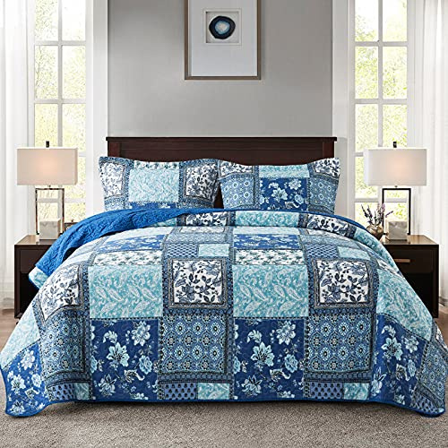 NEWLAKE Tagesdecke aus Baumwolle, wendbares Patchwork-Bettwäsche-Set, schickes Blumenmuster, Queen-Size-Größe