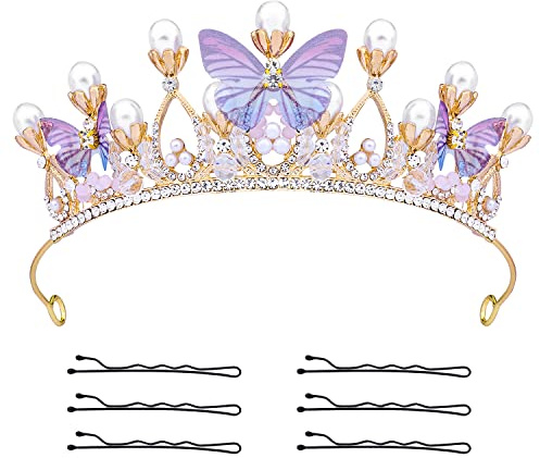 KINBOM Schmetterling Krone, Prinzessin Diadem Exquisite Kristall Krone mit Perlen Schmetterlings für Geburtstags-Cosplay-Festival-Kostüme