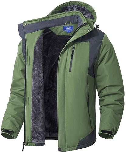 SPOSULEI Herren Winter Fleecejacke Warme Verdickt Gefüttert Skijacke Outdoor Winddicht Wasserdicht Jacke mit Abnehmbarer Kapuze für Wandern