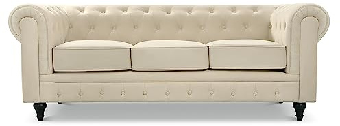 Bravich Velvet Chesterfield Sofa | 3 Seater Settee | Soft Plush Fabric | Foam Seat Cushions | Scroll Arms | Button Studded Back | Living Room Bedroom Conservatory | Cream | 205x90x78cm