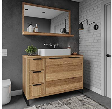 Woodkings Badmöbel-Set Sydney Wildeiche Massivholz 2-teilig 105 cm | Waschtisch mit Spiegel, 105x45, Waschtischunterschrank Badmöbel mit Stauraum