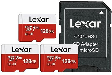 Lexar Micro SD 128 GB 3PK, Scheda Micro SD fino a 100 MB/sec(R), Scheda di Memoria microSDXC con Adattatore SD, A1, U3, C10, V30, Micro SD Card Confezione da 3