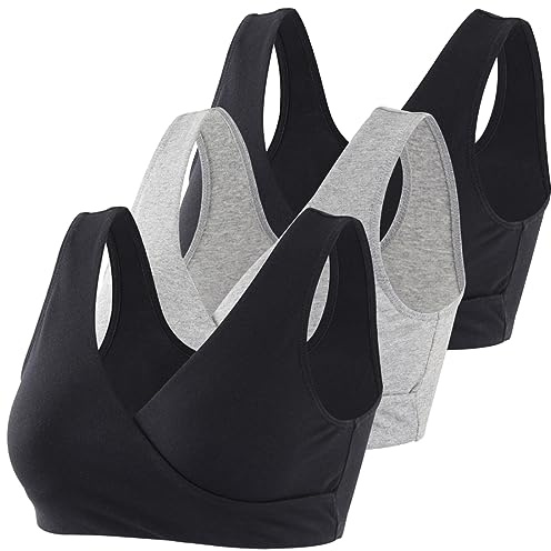 MANCI Cotton Sleep Bra, Comfortable Wireless Maternity & Nursing Bra, XXL, Black+Black+Grey