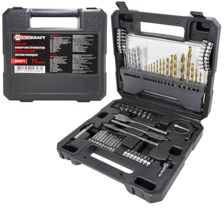 FORCEKRAFT 71 teiliges Bohrer und Bit Set mit Metallbohrern Betonbohrern Holzfraesern Bits Stecknuessen Bithalter Adapter und stabilem Kunststoffkoffer Fuer Werkstatt Haushalt Projekte Heimwerker