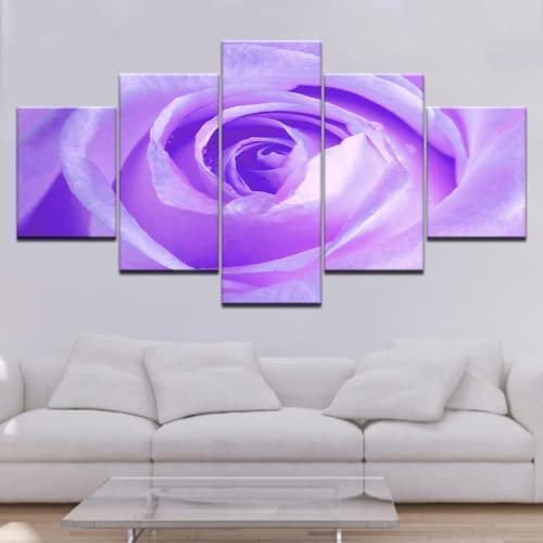 Kunstdrucke Gemälde 5 Teilig Leinwand Drucke,Wand Für Zuhause Malerei Wohnzimmer Wohnung Deko Modulare Bilder Romantische Lila Rosen Poster Hd Gedruckt, 175 X 80 Cm Schlafzimmer Büro Hotel W -3L0U+G1