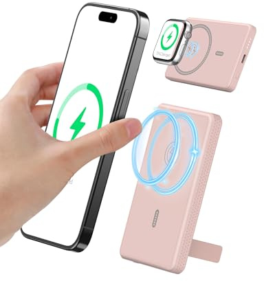 Auskang Batteria Esternna Magnetica 5000mAh, Caricabatterie Portatile con Ricarica Rapida Wireless, Power Bank Slim con Supporto Pieghevole, Mini Batteria Compatibile con iPhone 14/15/16 (Rosa)