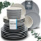16-Piece Dinnerware Set - Bowl and Plate Set - Stoneware Dining Set for 4 People - Dishwasher and Microwave Safe - Grooved Dining Service in Grey-Blue