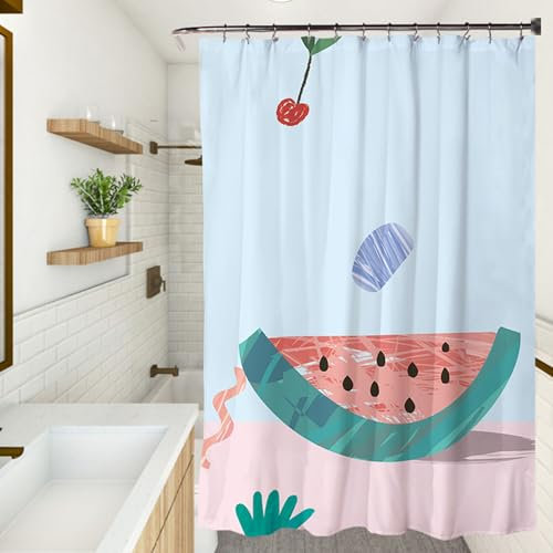 XUEDNGM Wasserdicht Duschvorhang 130 x 195 cm Anpassbar, Schimmelresistent, Waschbar, Hochwertig Stoff, mit Haken Antibakteriell Badewanne Vorhang, Wassermelone