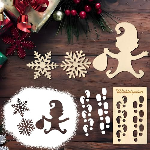 4Pcs Wichtel Schablone, Weihnachten Wichtel Fußabdrücke Schablone Holz, Miniatur Weihnachtsdekoration Fußabdrücke Schneeflocke Wichtel Zubehör, Wichtelzubehör für Böden Glass Door