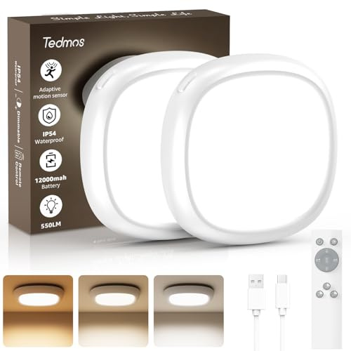 Plafonnier LED Sans Fil Rechargeable USB Lot de 2, 550LM 12000mAh IP54 Etanche Luminaire Plafonnier a Pile avec Detecteur Mouvement Lampe Plafond Batterie Télécommande Lumiere Capteur Garage Douche