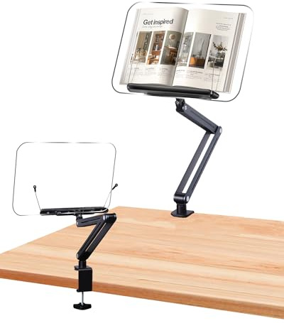 ASIEIT Book Stand with Clamp, Acrylic Desk Clamp Book Holder, 360° Cookbook Stand for Kitchen, Recipe Book Stand, Height and Angle Adjustable, Foldable and Portable for Office, Bible,Magazine,Laptops