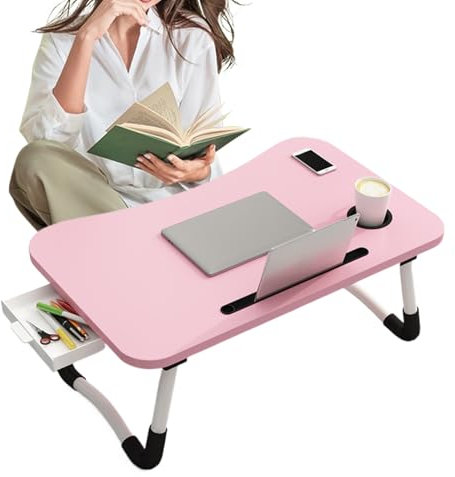 Laptop sängskrivbord – vikbart bärbart arbetsbord med mugghållare och plats för surfplatta – frukostbricka med förvaringslåda, laptopstativ för arbete, läsning, skrivning, ritning
