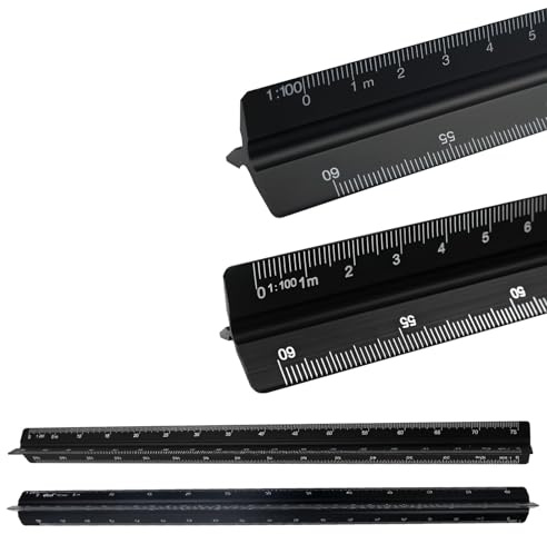 GIUSOBG Scalimetro Righello Trinagolare Ideale 2 Pz Scalimetro Professionale Triangolare 1:20 1:25 1:50 1:75 1:100 1:125/1:100 1:200 1:250 1:300 1:400 1:500 per Architetti, Alunno (Alluminio nero)