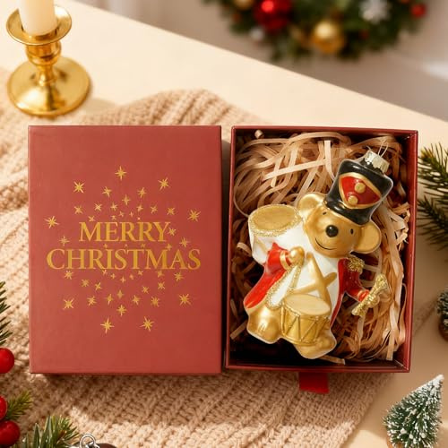DN DECONATION Weihnachtskugel Maus - Gold Weiß Rote Tierkugel 8cm x 12cm, Lustige Christbaumkugel mit Aufhängung für Weihnachtsbaum Deko & Winterparty