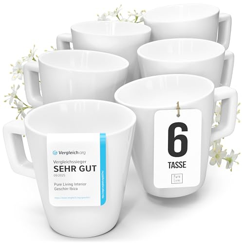 Porzellan Kaffeetassen 6 Personen Crystal TESTSIEGER, Cooles klares Porzellan Tassen Set, Stylisches Tee- und Kaffeebecher Set, Pure Living in weiß