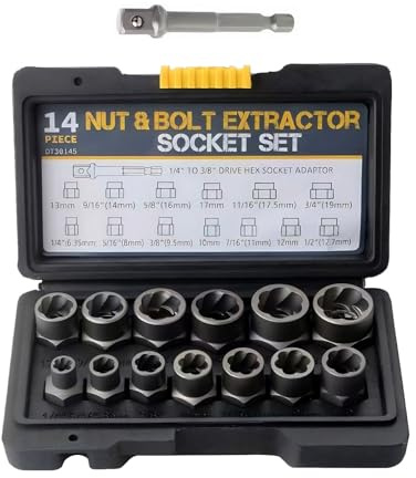 Set di Estrattori per Dadi e Bulloni 14 Pezzi, Estrattore a Spirale per la Rimozione di Dadi Danneggiati e Arrugginiti (6.35-19mm), Set di Utensili per Riparazioni Auto e Meccaniche