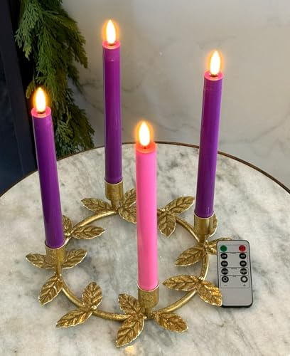 Flameless Advent Candle Set 4-Piece LED Advent Taper Candles Purple and Pink - Soft White Flickering Flame - Remote Control