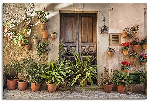 ARTLAND Wanddeko Leinwand Bilder Wandbild 90x60 cm Stadtbilder Pflanzen Altstadt Mallorca Spanien Mediterran U2IV
