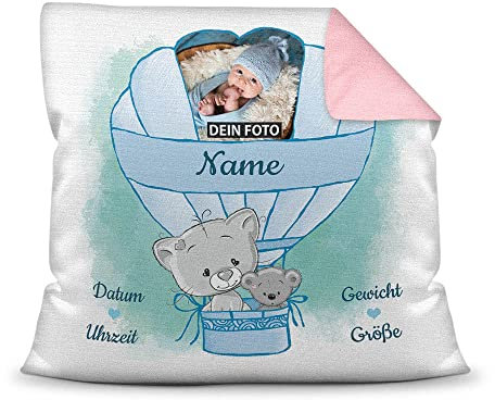 Kissen mit Füllung - mit Geburtsdaten personalisieren - Babygeschenk für Jungen, Geschenk zur Geburt oder Taufe, Geburtskissen, Namenskissen fürs Baby I Farbkissen Rückseite Rosa, 40x40 cm
