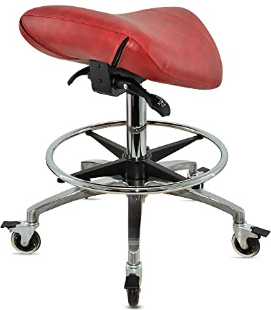VAKON SALON - Sattelhocker mit Neigung Rot, Sattelstuhl, Rollhocker höhenverstellbar von 55-75 cm mit Fußring, Drehhocker, Praxishocker, Bürohocker, Arbeitshocker