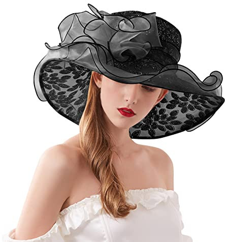 Sonnenhut Damen Party Hochzeit Sonnenhüte Blumen Organzahut Elegante Sommer Mesh Hut Strandhut Damenhut Bowler Hut Faltbare Sonnenschutz Sonnenhüte für Strand Kirche Tea Party (Black, One Size)