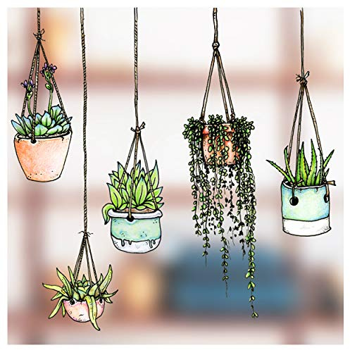 5 x Fensteraufklebern/Aufklebern mit Gezeichneten Hängepflanzen-Motiven | Hängetopf-Glasaufkleber | Doppelseitig und kein Kleber zum Schutz vor Vogelkollisionen